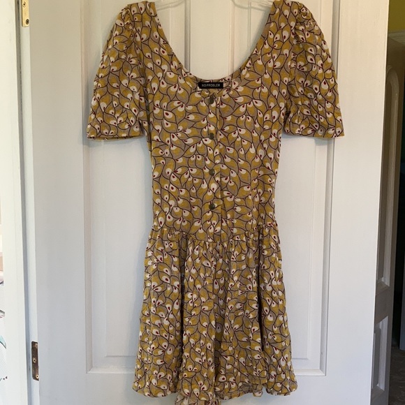 Gold Mini Romper Dress, gathered at shoulders & waist, Easy Front Opening - Picture 2 of 16